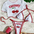 White & Red Cherry Print Puff Sleeve Bikini Set With Contrast Trim