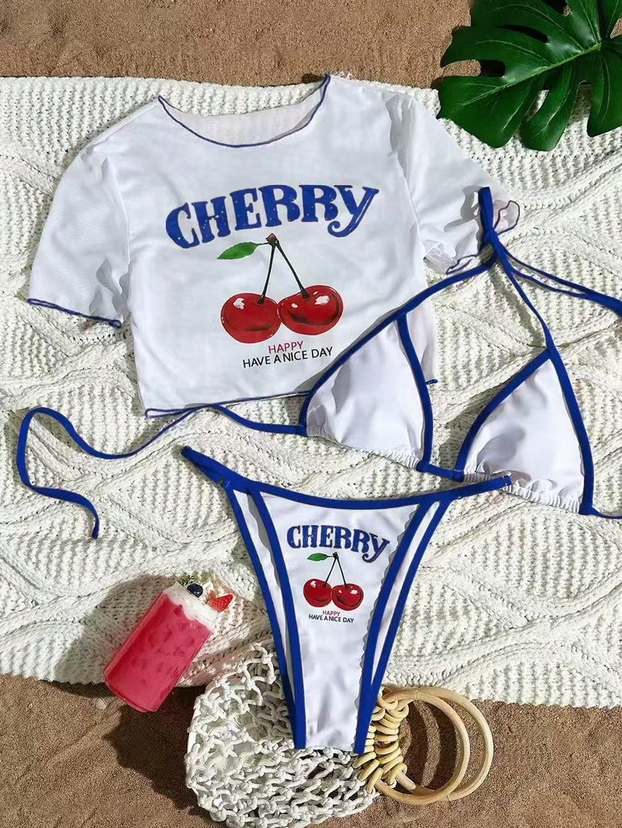 White & Black Cherry Print Puff Sleeve Bikini Set With Contrast Trim