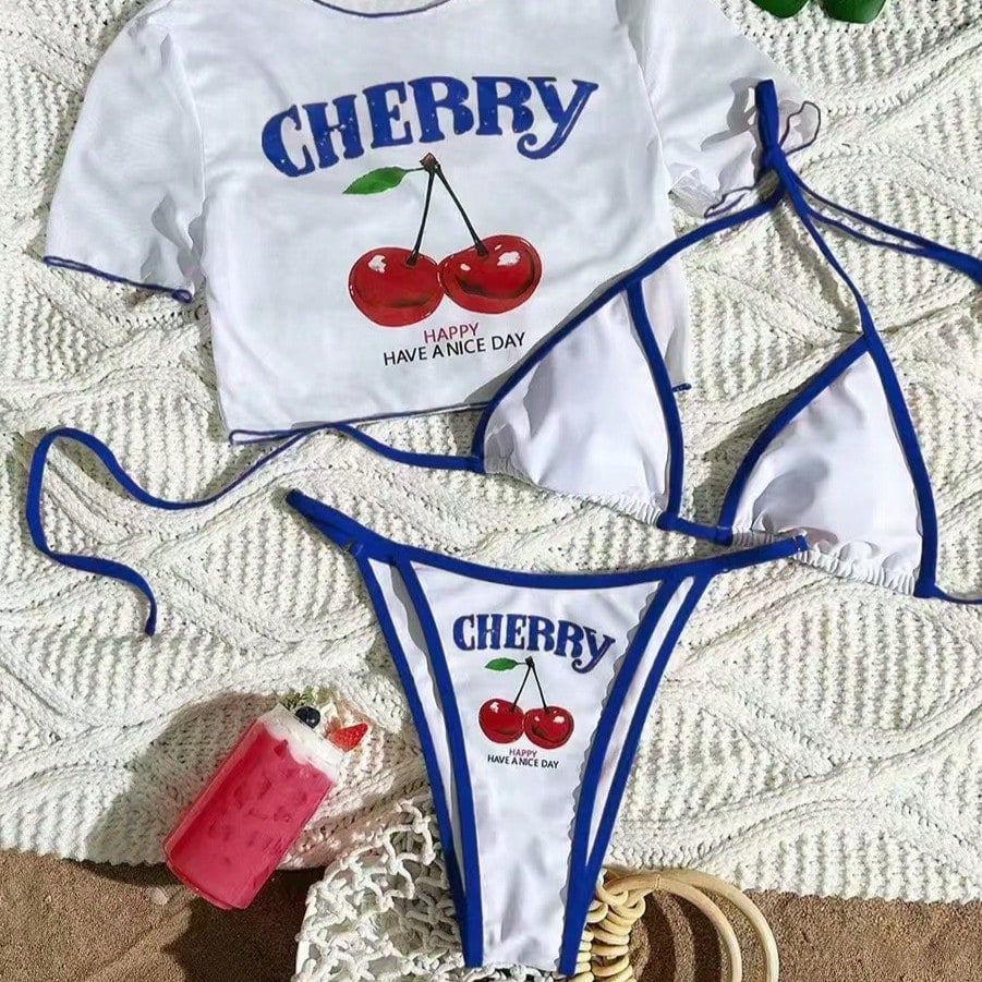 White & Black Cherry Print Puff Sleeve Bikini Set With Contrast Trim