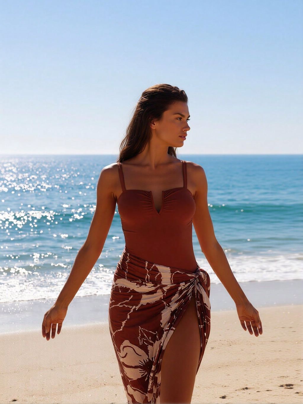 2026 New Women's 2 Piece Beach Set - Brown V-Wire One Piece Swimsuit With Tie Dye Sarong Skirt