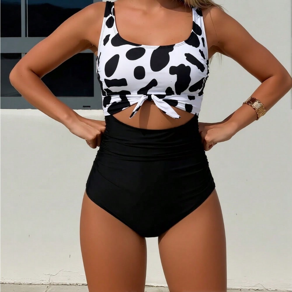 2026 New Women's Cow Print Two Piece Swimsuit - Knot Front Crop Top & High Waist Bottoms