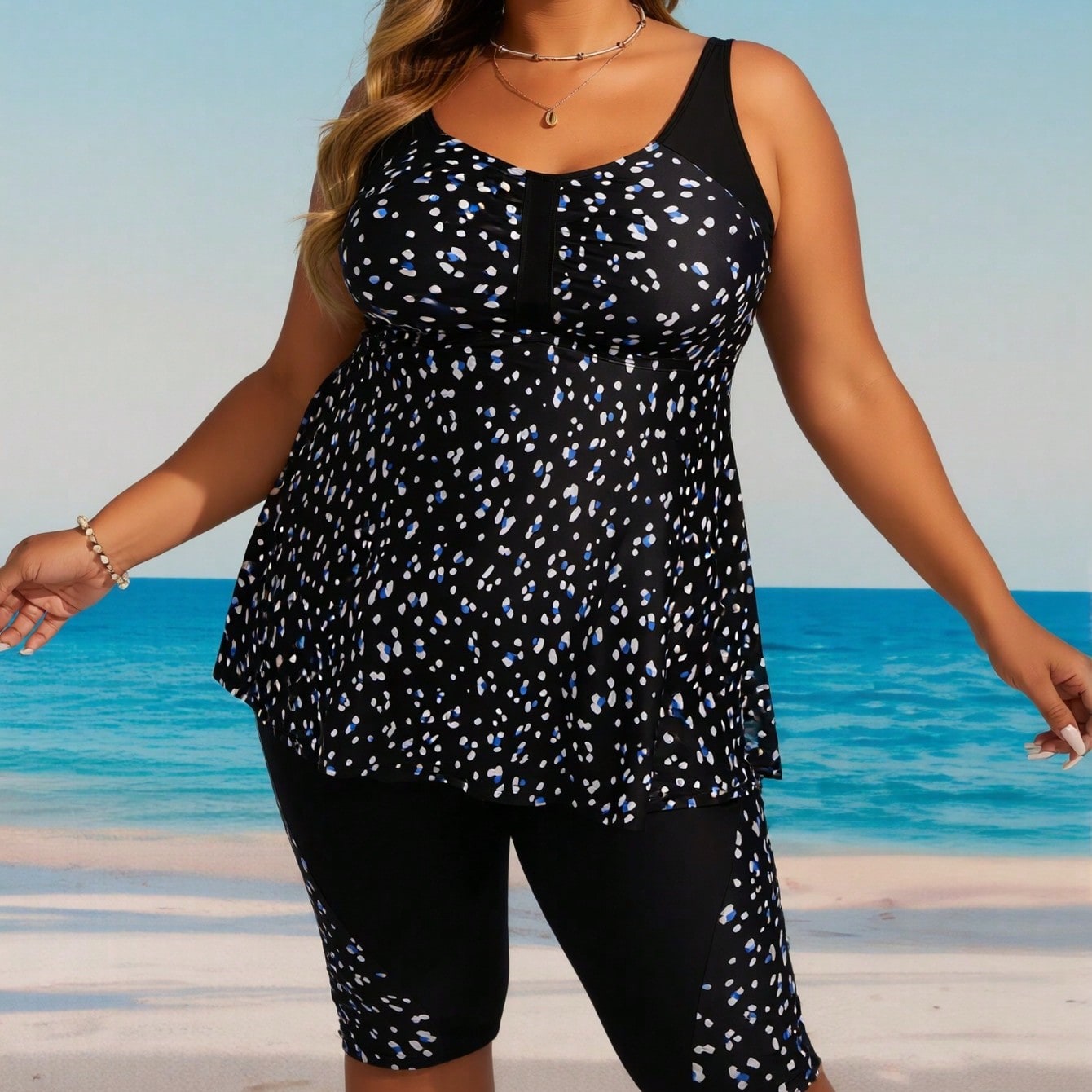 Plus Size Black & Blue Dot Print Tankini Set With Capri Leggings