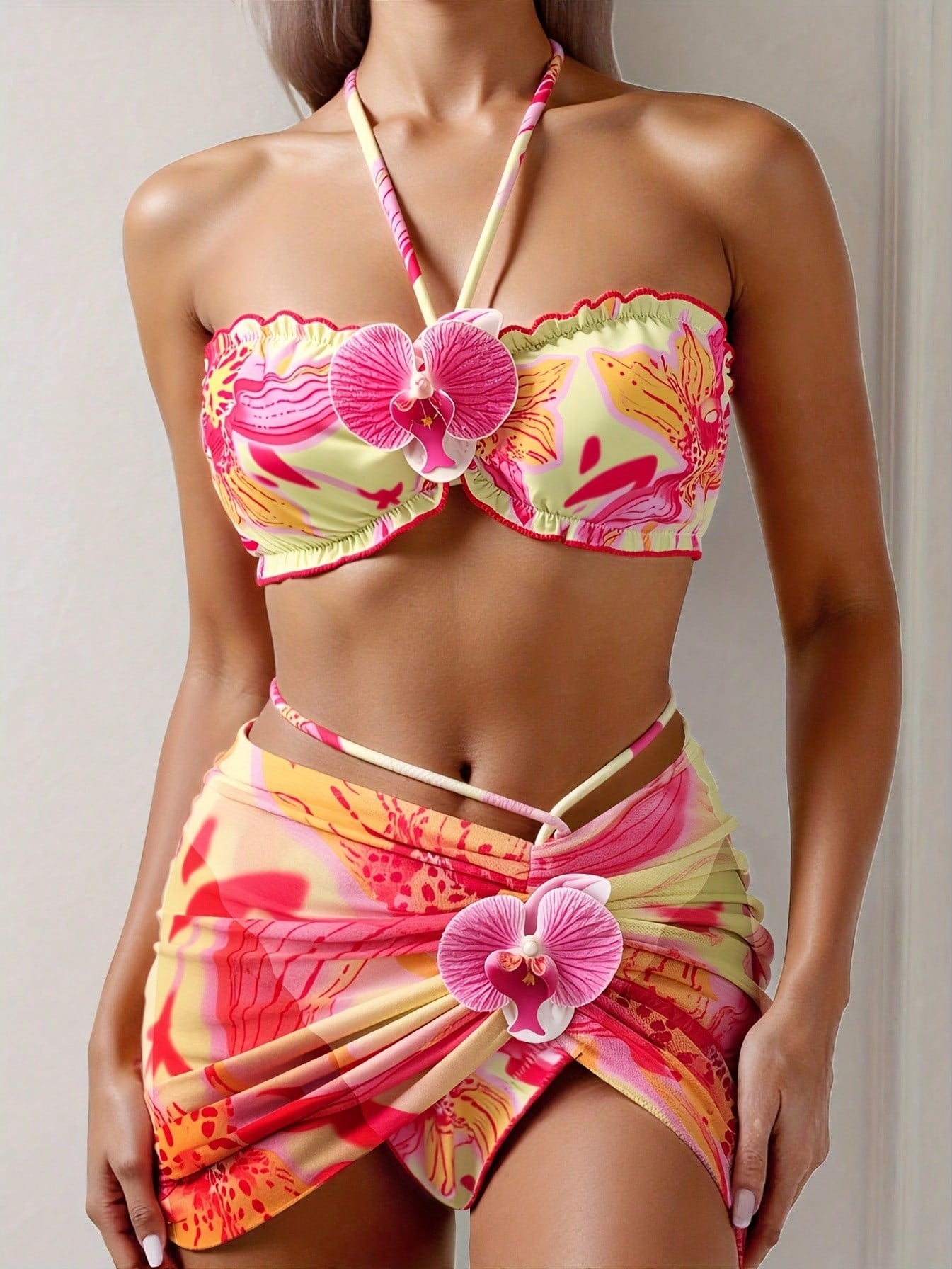 2026 New Bohemian Floral Bikini Set - Women's Halter Bandeau Bikini With Matching Cover Up Skirt