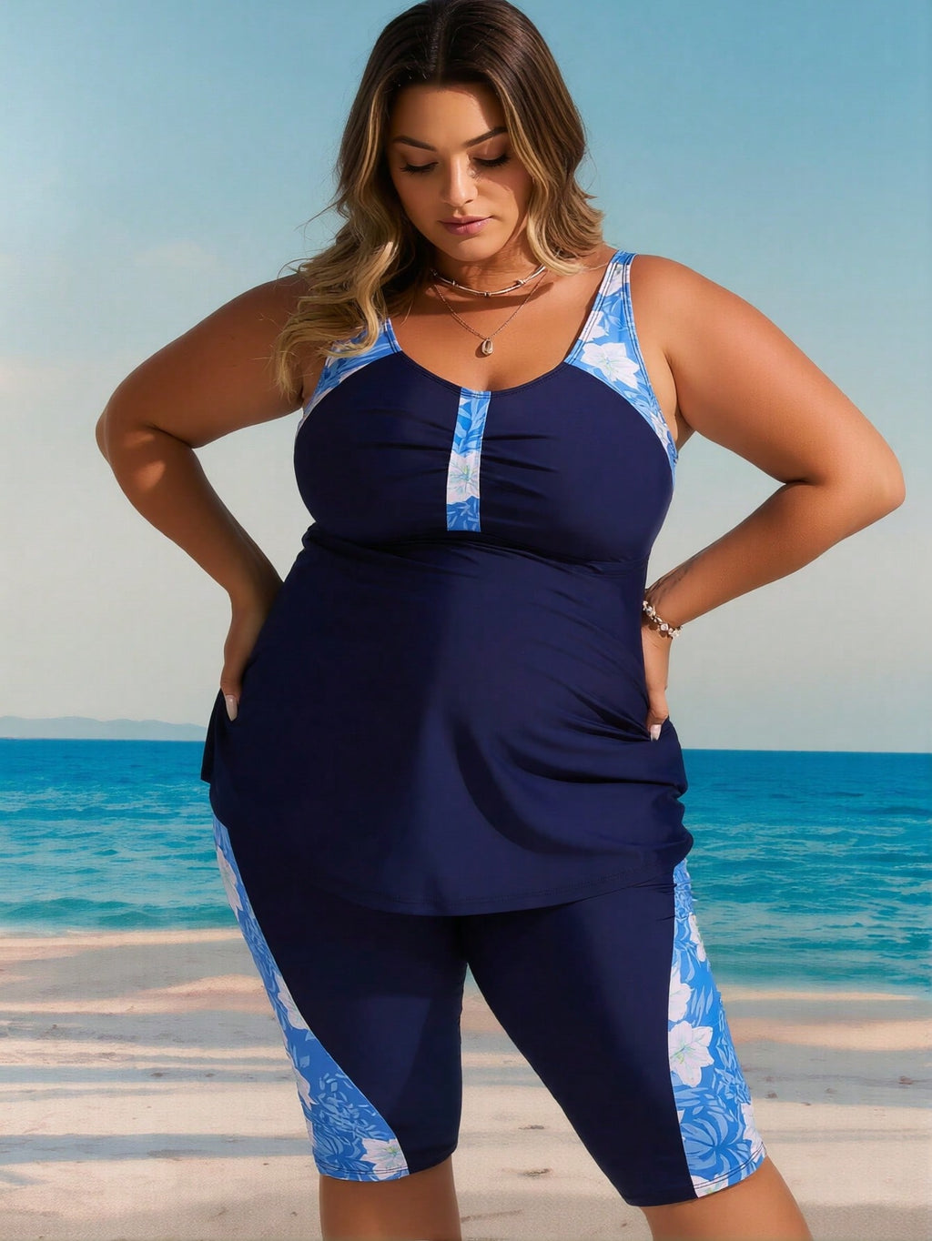 Plus Size Navy Blue Floral Print Panel Tankini Set With Knee Length Shorts