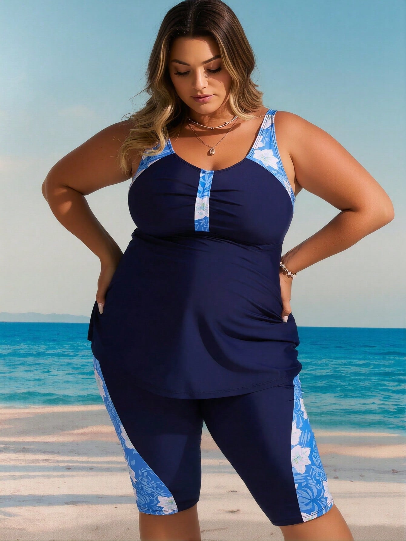 Plus Size Navy Blue Floral Print Panel Tankini Set With Knee Length Shorts