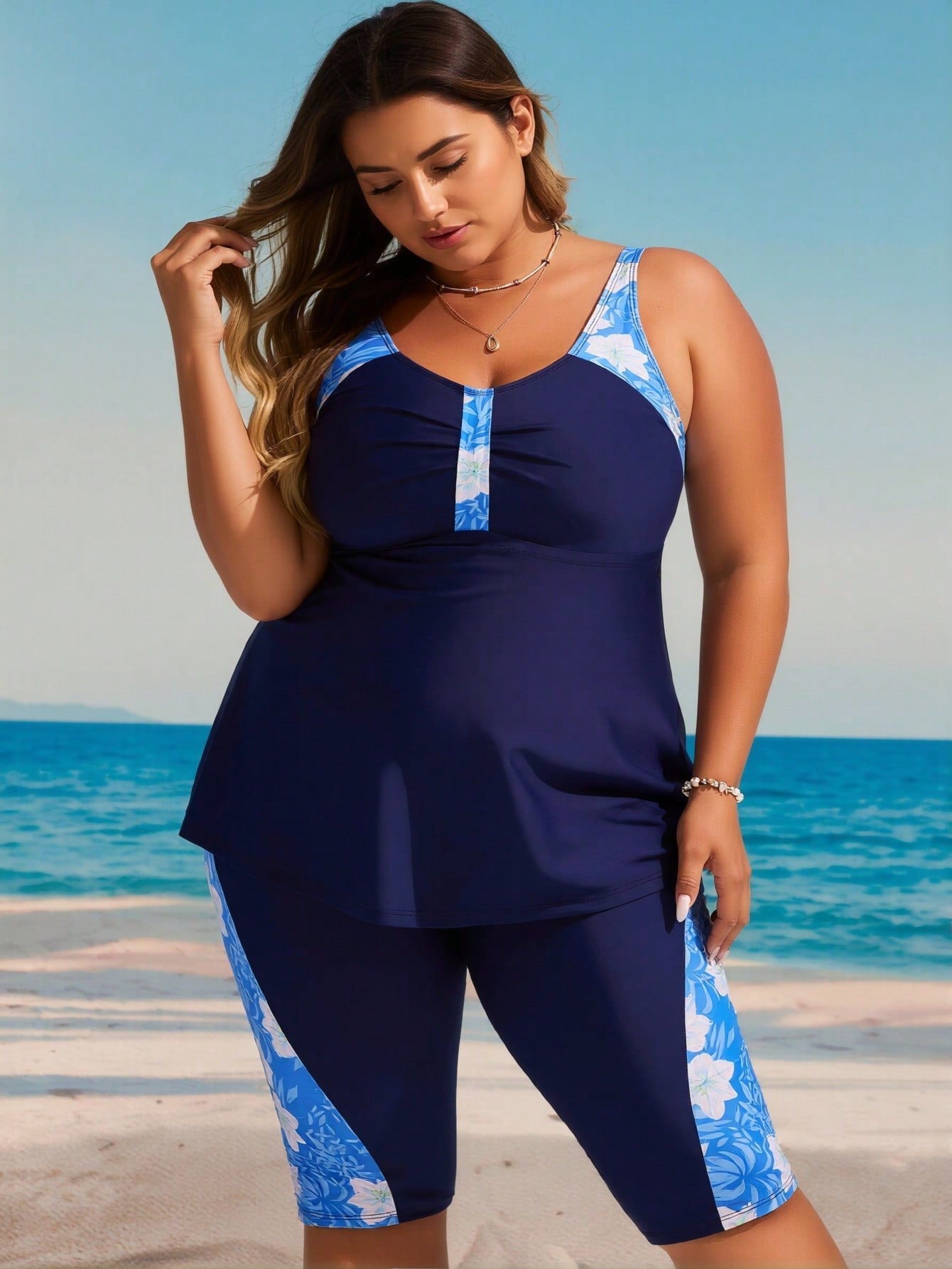 Plus Size Navy Blue Floral Print Panel Tankini Set With Knee Length Shorts