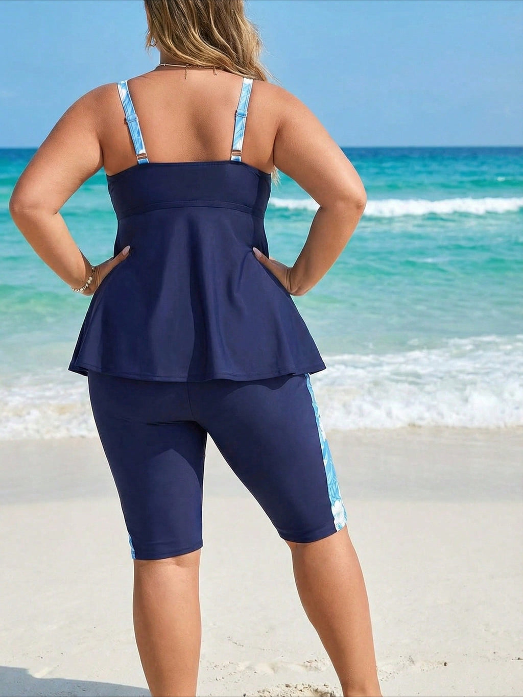 Plus Size Navy Blue Floral Print Panel Tankini Set With Knee Length Shorts