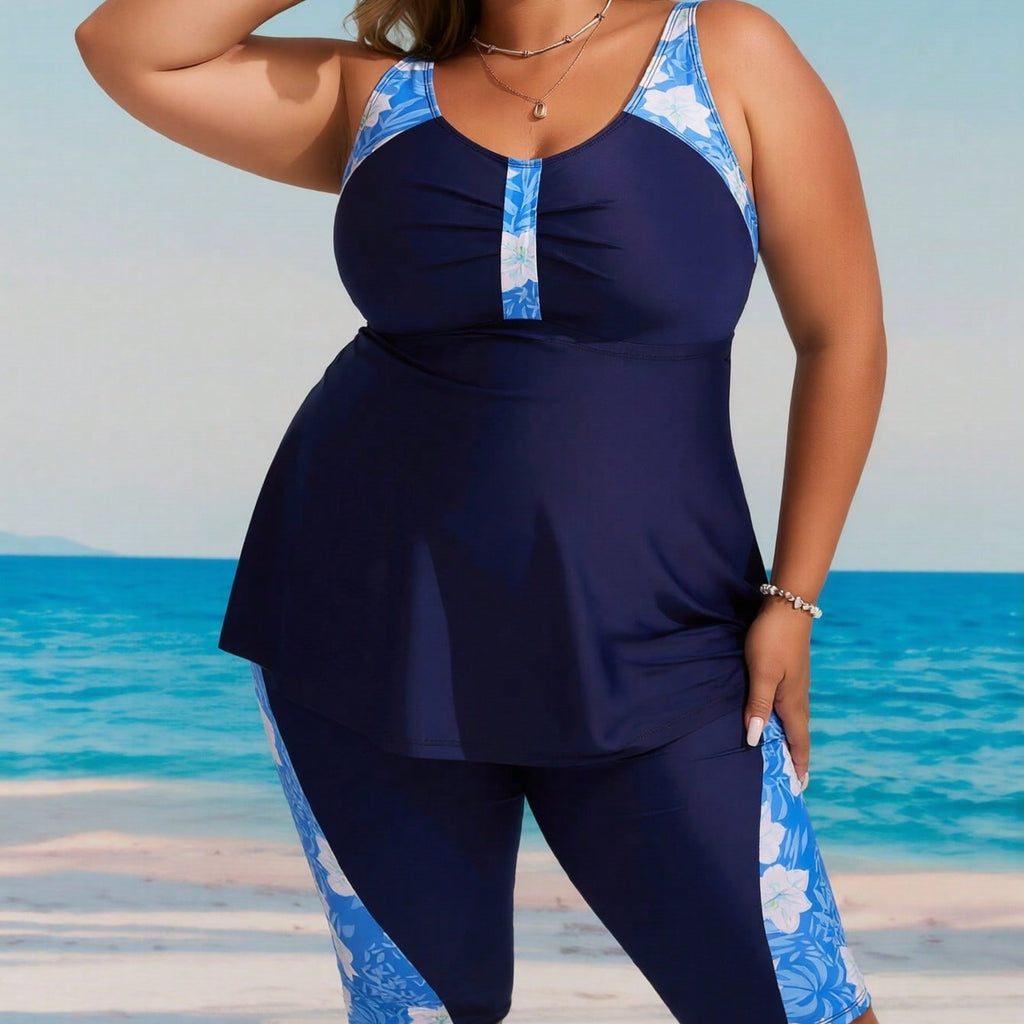 Plus Size Navy Blue Floral Print Panel Tankini Set With Knee Length Shorts