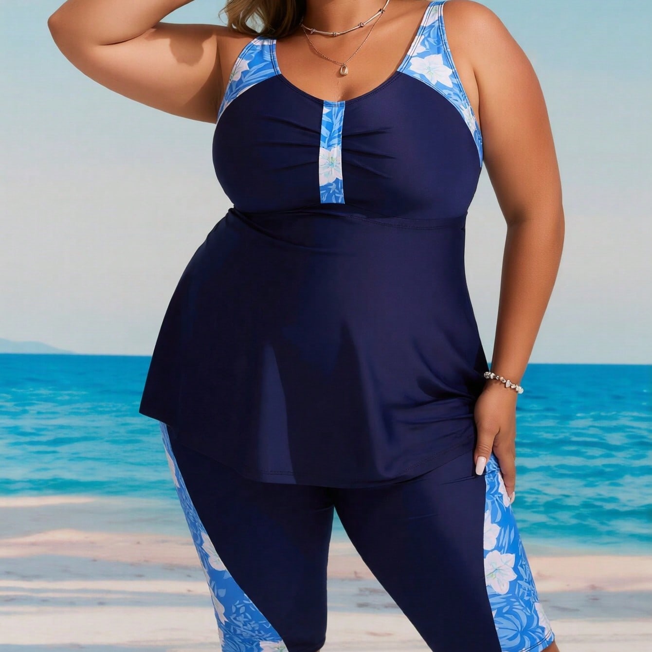 Plus Size Navy Blue Floral Print Panel Tankini Set With Knee Length Shorts