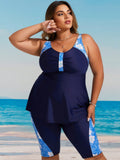 Plus Size Navy Blue Floral Print Panel Tankini Set With Knee Length Shorts