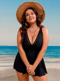 2026 New Plus Size Black Swim Dress - Deep V Neck Lace Trim Sleeveless Beach Swimwear
