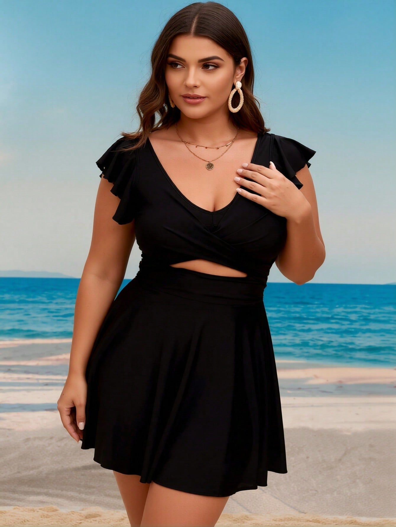 2026 New Plus Size Black Swim Dress - Ruffle Sleeve V Neck Cutout Waist Beach Swimwear