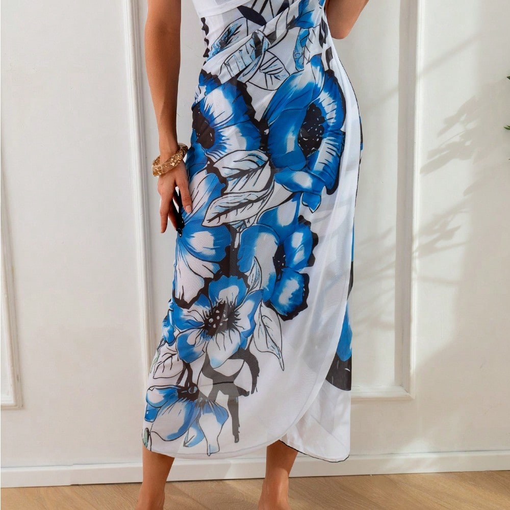 2026 New Summer Floral Beach Dress - Ladies V Neck Sleeveless Sheer Mesh Wrap Maxi Dress