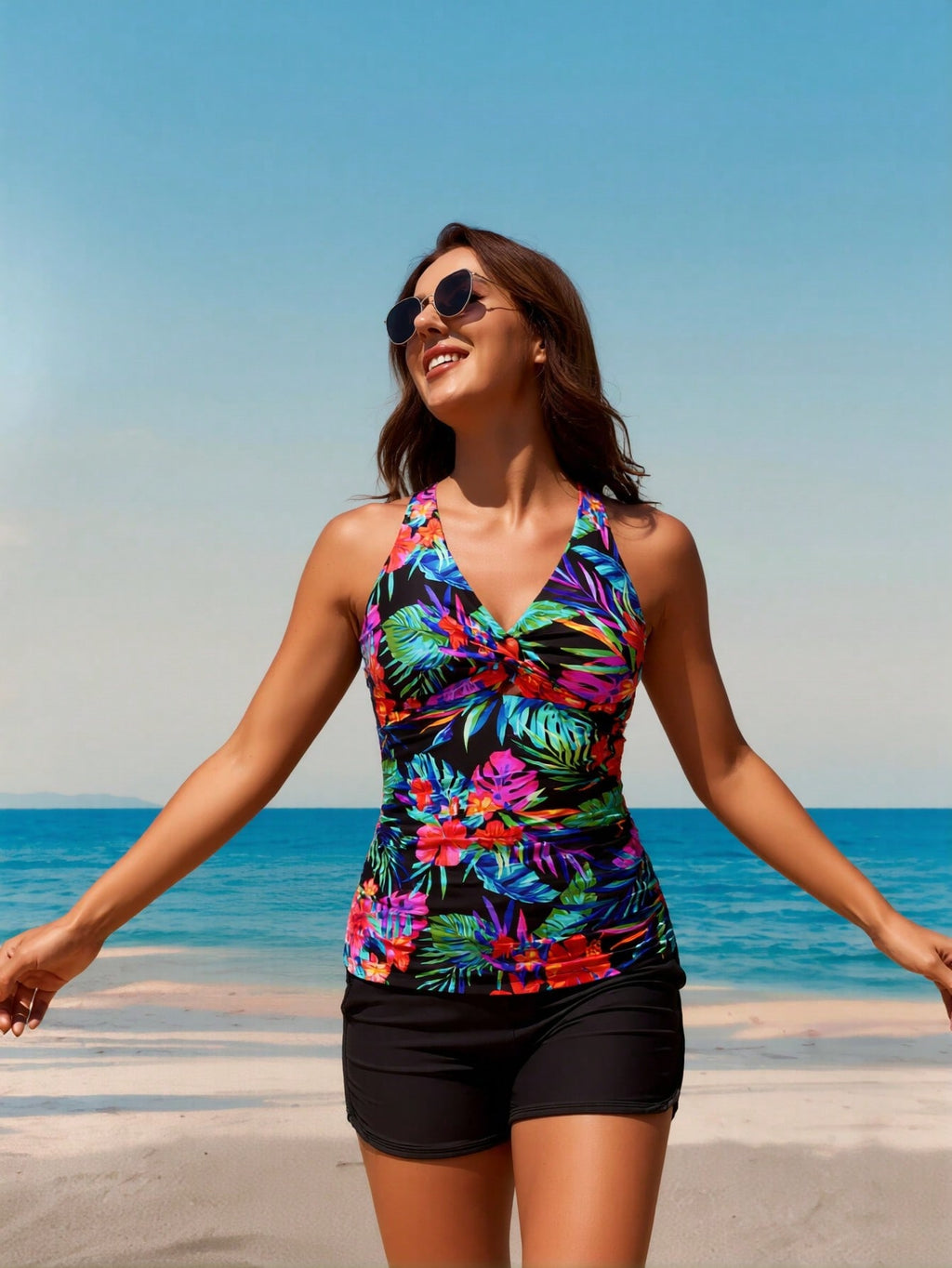 Black Twist Front Cutout Racerback Tankini Set With Boy Shorts