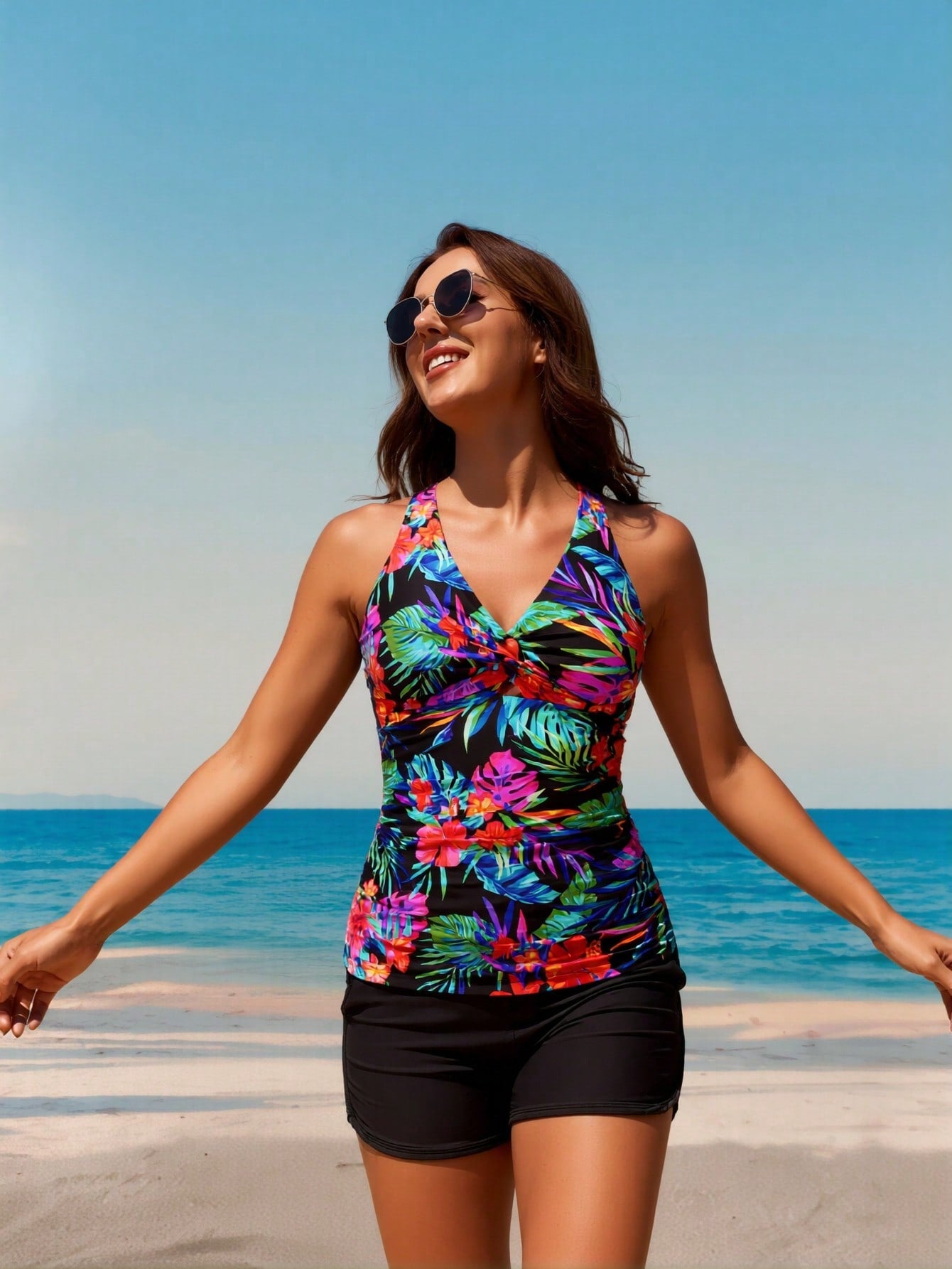 Black Twist Front Cutout Racerback Tankini Set With Boy Shorts
