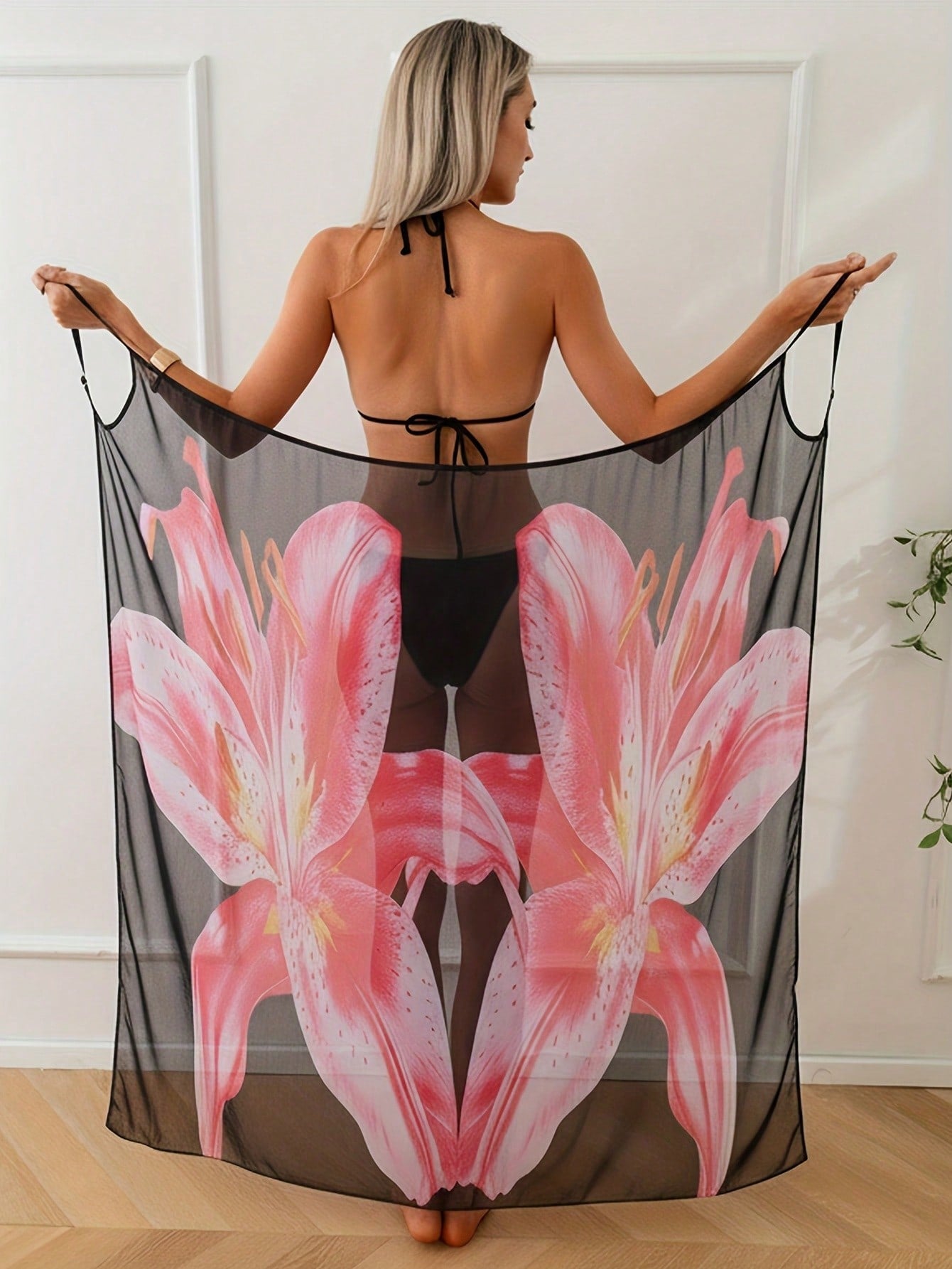 2026 New Women's Pink Lily Print Maxi Cover Up - Halter Neck Sheer Mesh Beach Dress