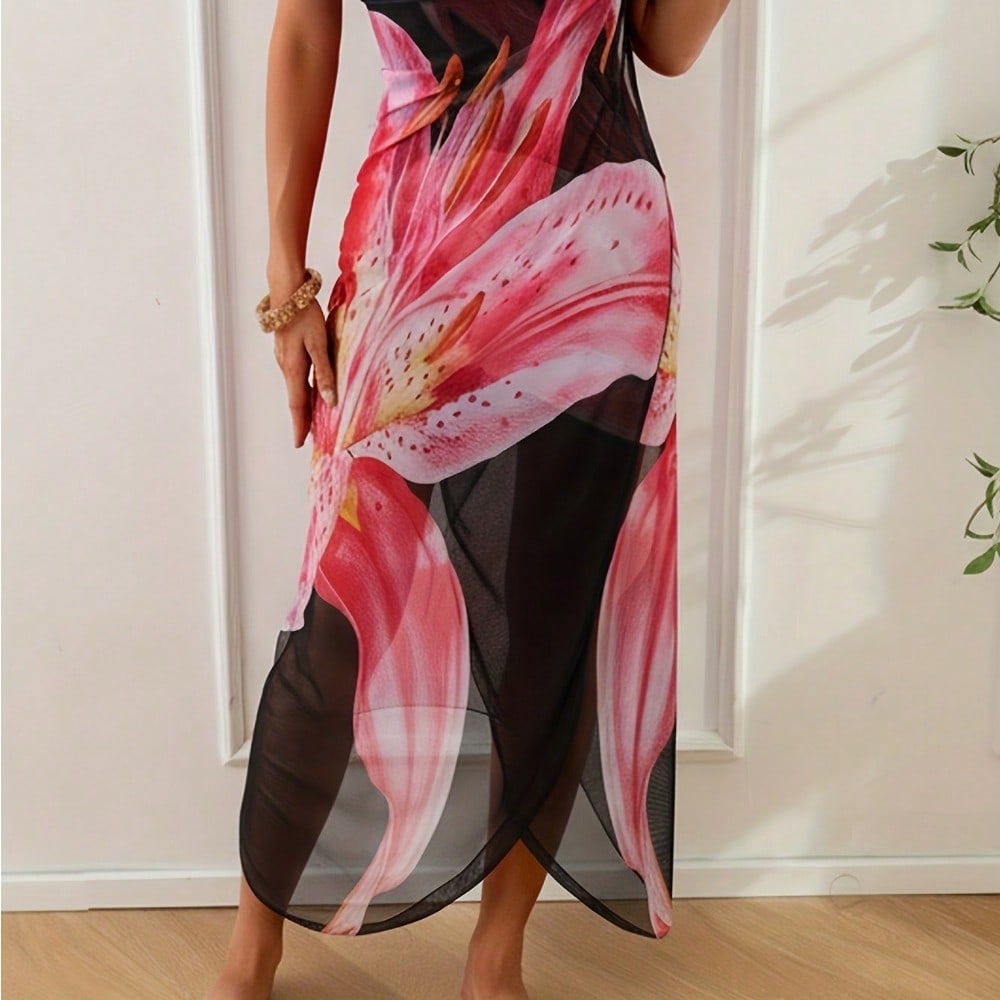 2026 New Women's Pink Lily Print Maxi Cover Up - Halter Neck Sheer Mesh Beach Dress