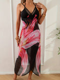 2026 New Women's Pink Lily Print Maxi Cover Up - Halter Neck Sheer Mesh Beach Dress