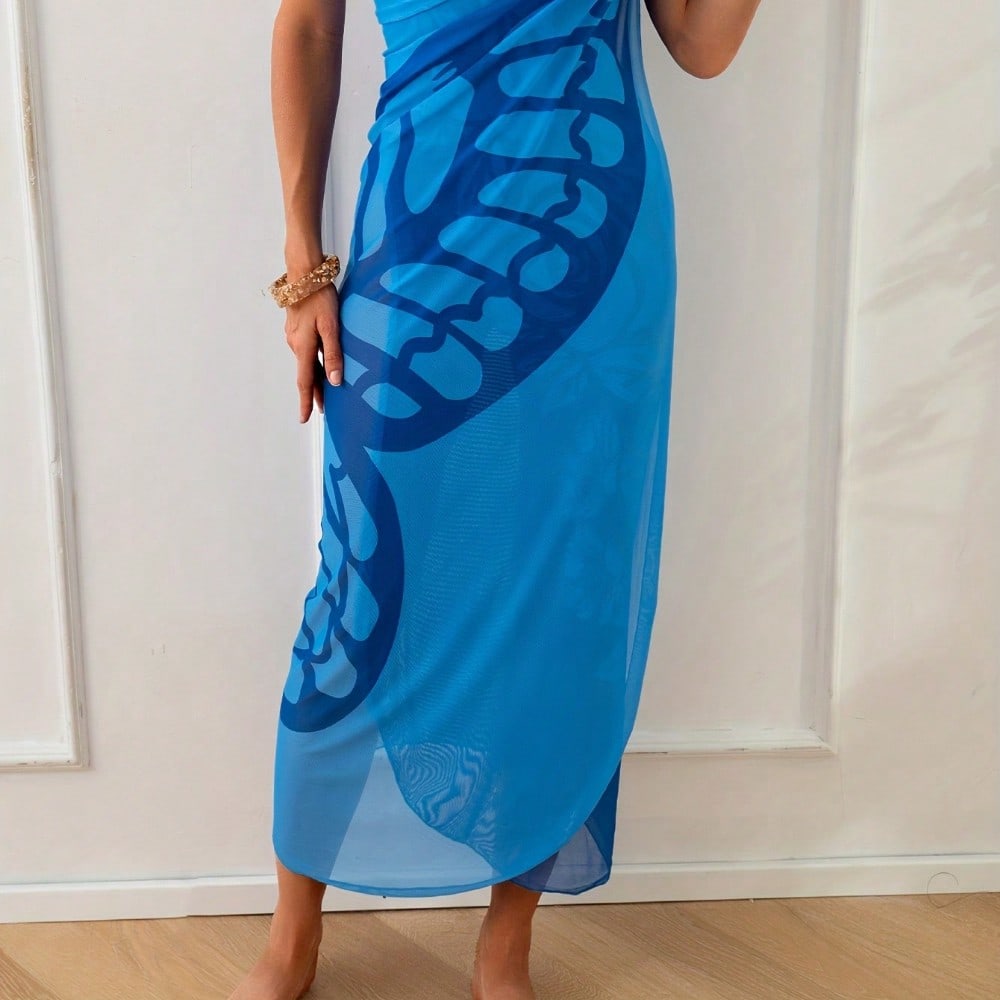 2026 New Women's Blue Abstract Print Maxi Cover Up - Halter Neck Sheer Mesh Beach Dress
