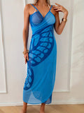 2026 New Women's Blue Abstract Print Maxi Cover Up - Halter Neck Sheer Mesh Beach Dress
