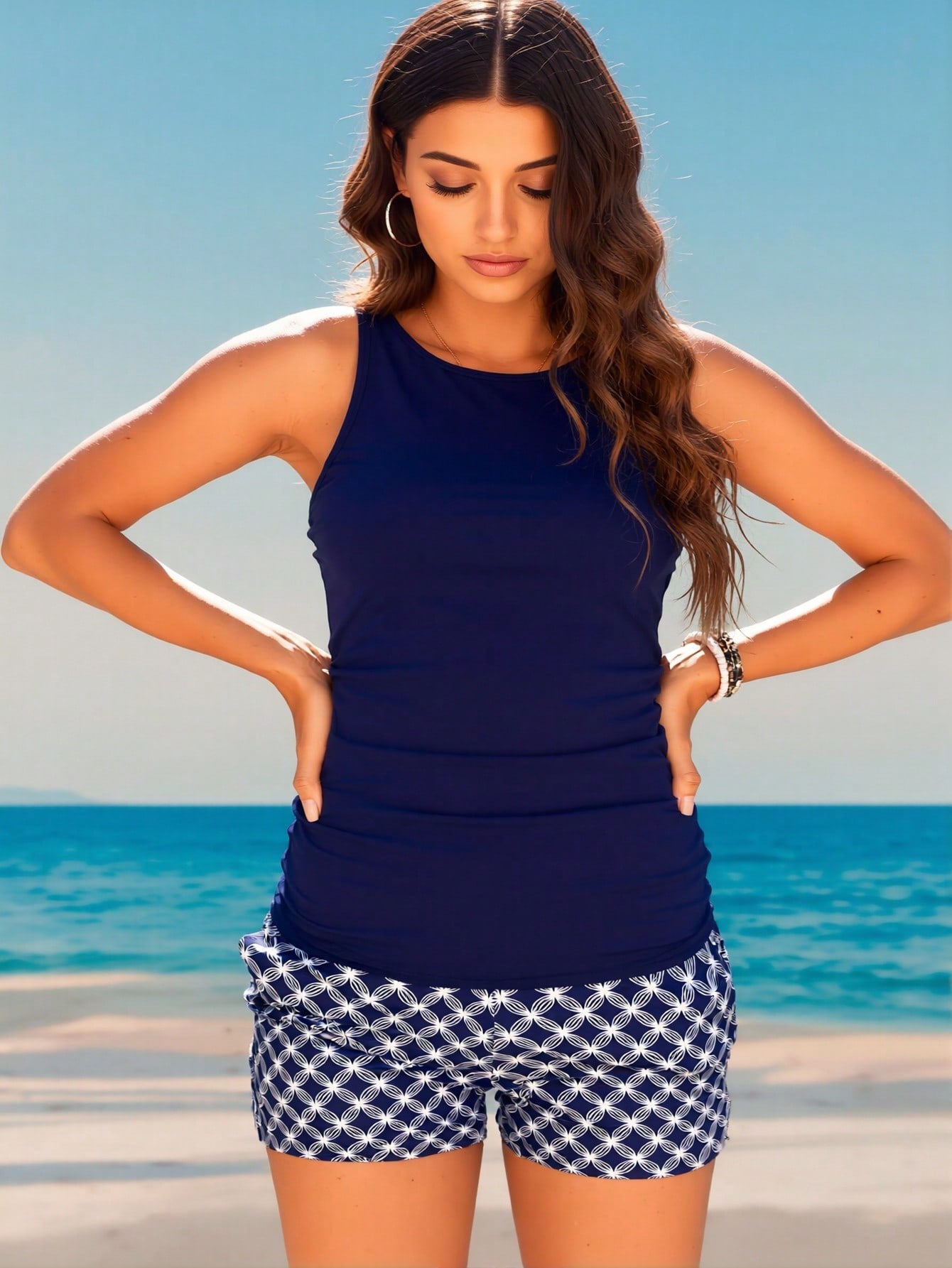 Navy Blue Sleeveless Ruched Tankini Set With Geometric Print Boy Shorts