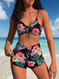 2026 New Women's 3 Piece Tropical Floral Set - Bikini Top, Shorts & Sheer Cover Up Beach Outfit