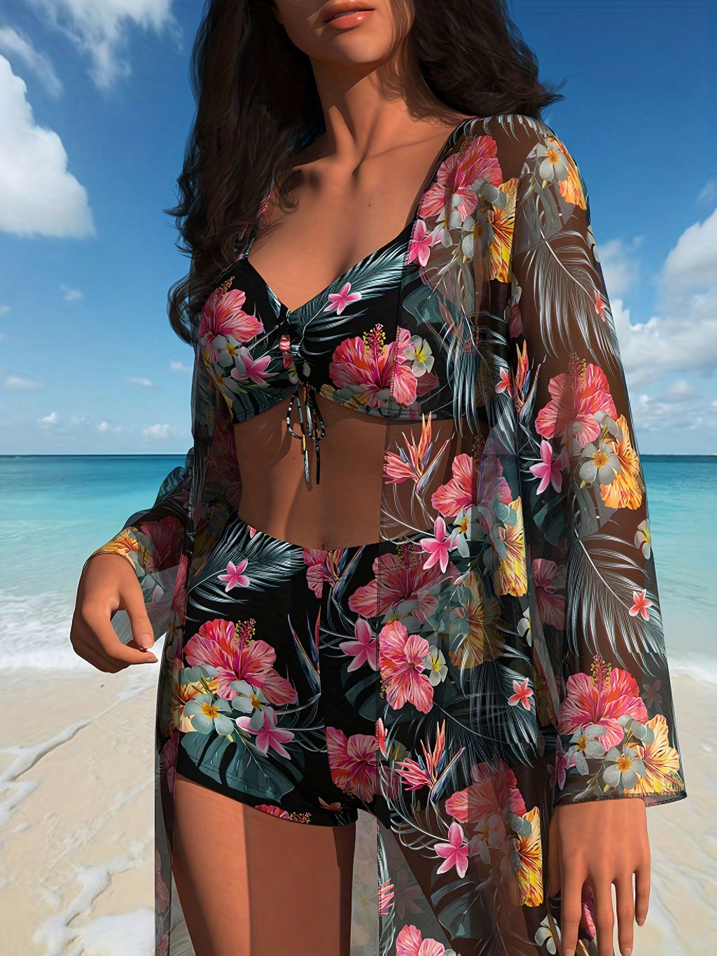 2026 New Women's 3 Piece Tropical Floral Set - Bikini Top, Shorts & Sheer Cover Up Beach Outfit