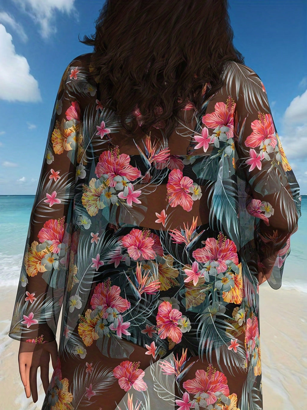 2026 New Women's 3 Piece Tropical Floral Set - Bikini Top, Shorts & Sheer Cover Up Beach Outfit
