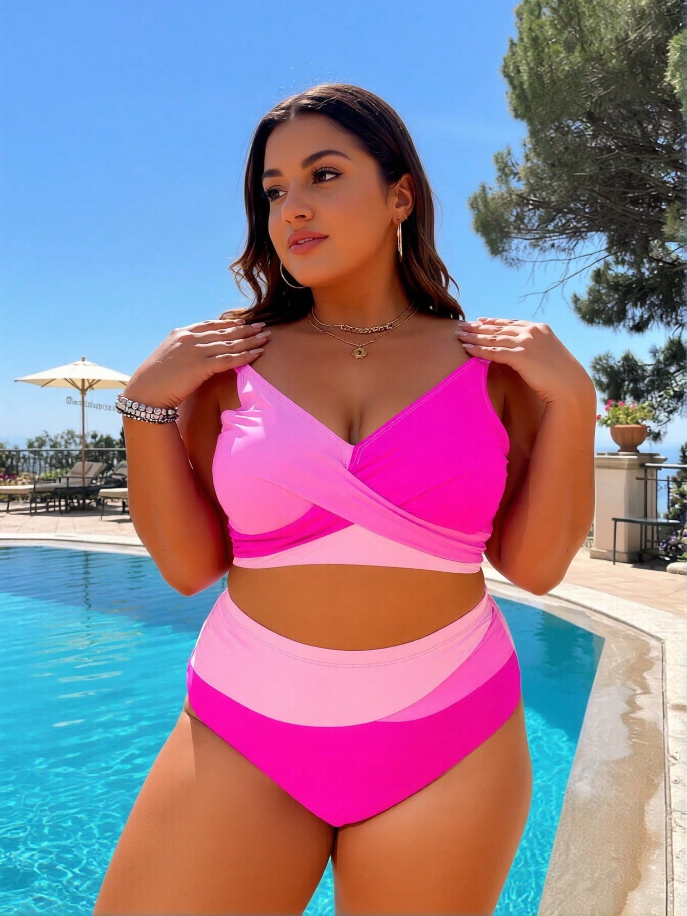 Plus Size Pink Color Block Wrap Front High Waist Bikini Set