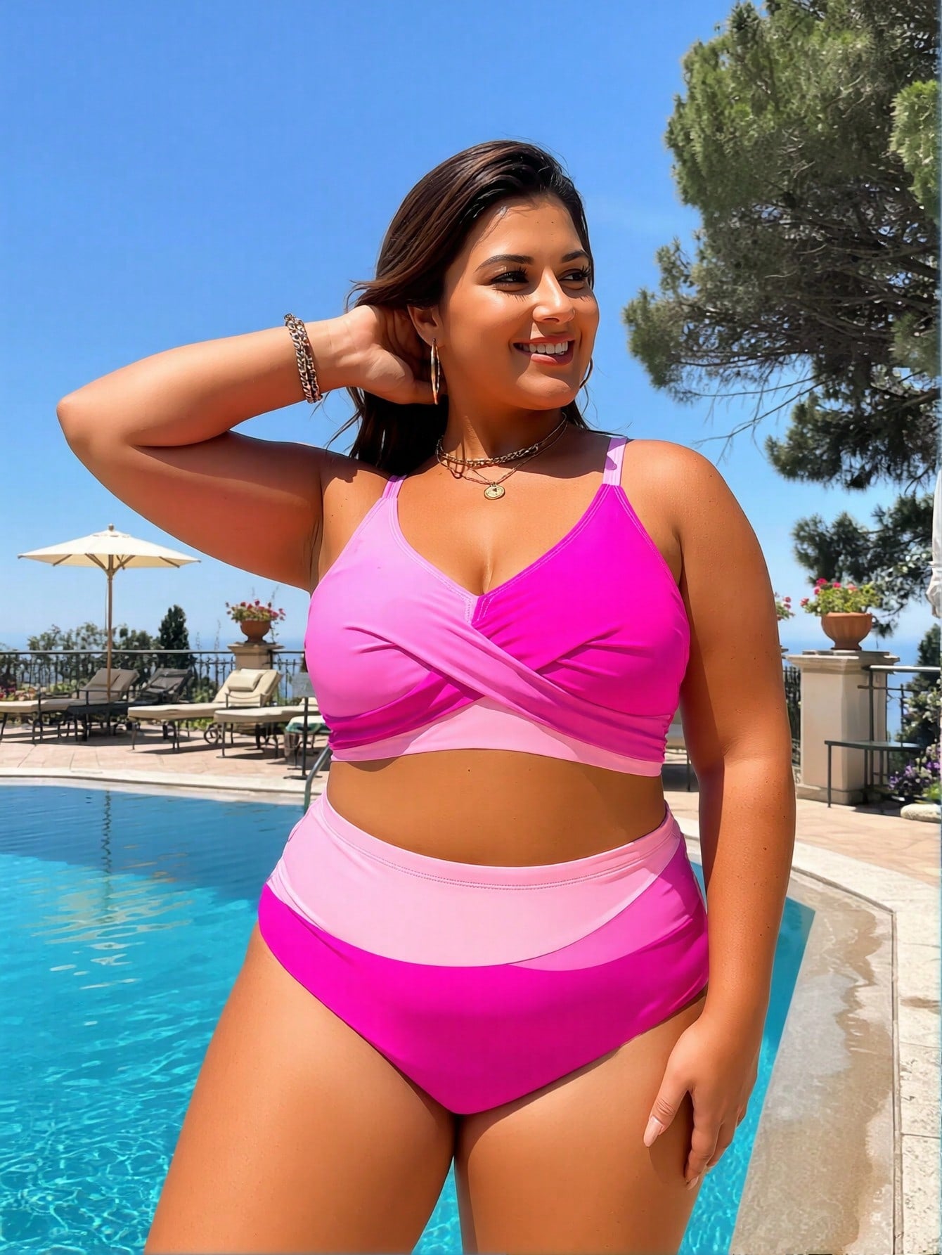 Plus Size Pink Color Block Wrap Front High Waist Bikini Set