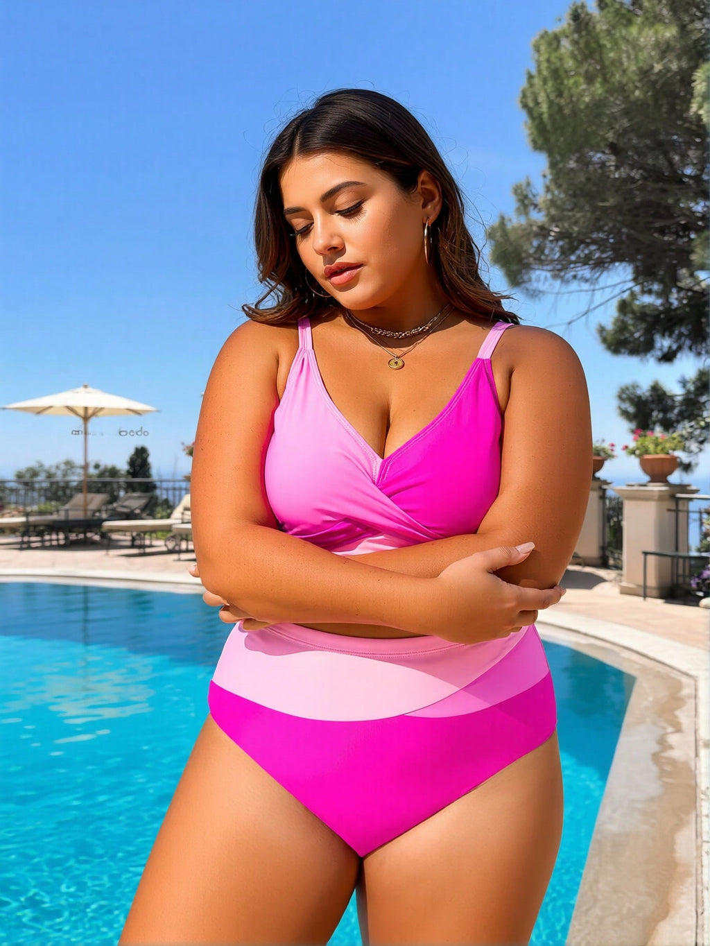 Plus Size Pink Color Block Wrap Front High Waist Bikini Set