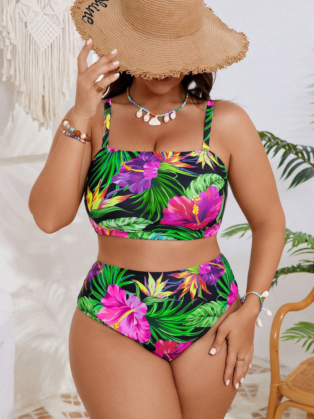 2026 New Plus Size Tropical Floral Bikini Set - Convertible Bandeau Top With Matching Bottoms