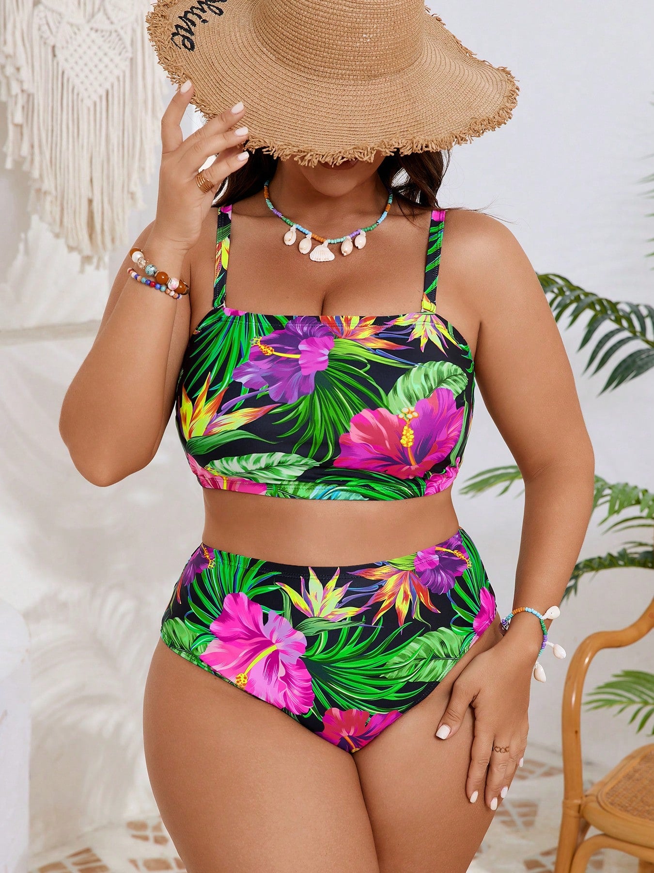 2026 New Plus Size Tropical Floral Bikini Set - Convertible Bandeau Top With Matching Bottoms