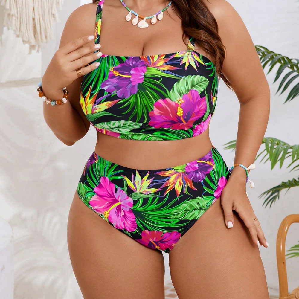2026 New Plus Size Tropical Floral Bikini Set - Convertible Bandeau Top With Matching Bottoms
