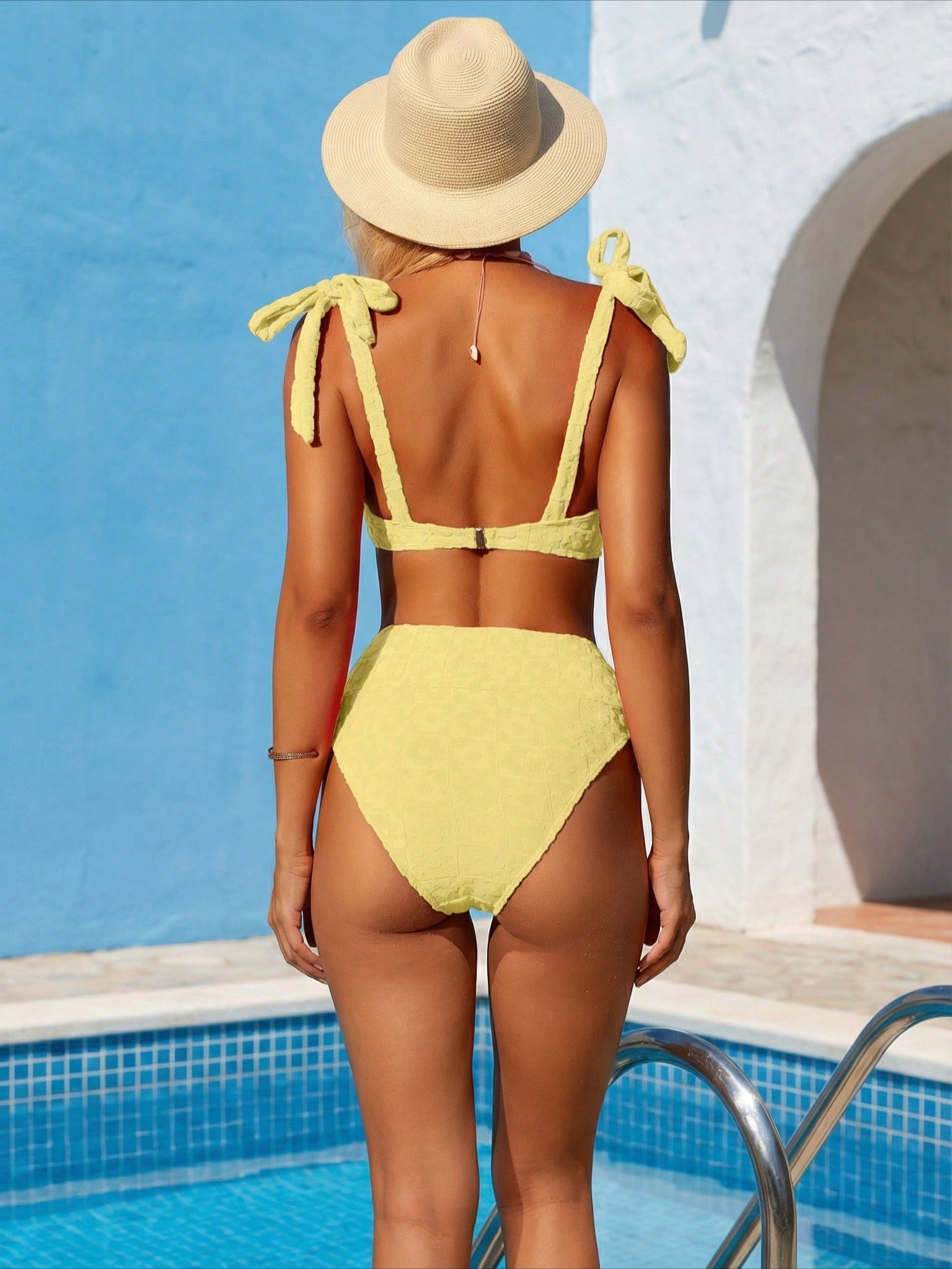 Yellow Textured Bow Shoulder High Waist Bikini Set