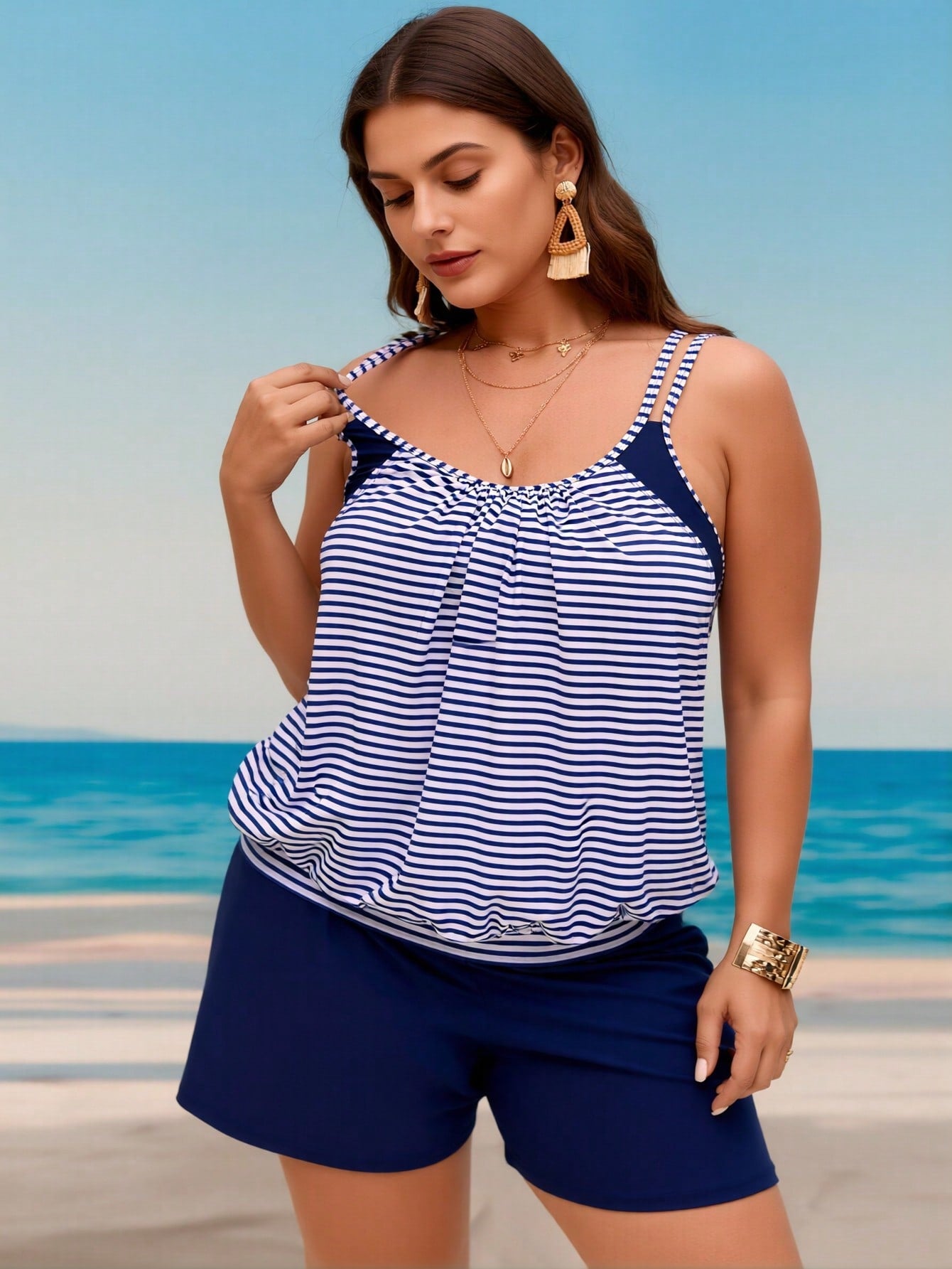2026 New Summer Nautical Tankini Set - Ladies Double Stripe Shoulder Ruched Flowy Top & Shorts