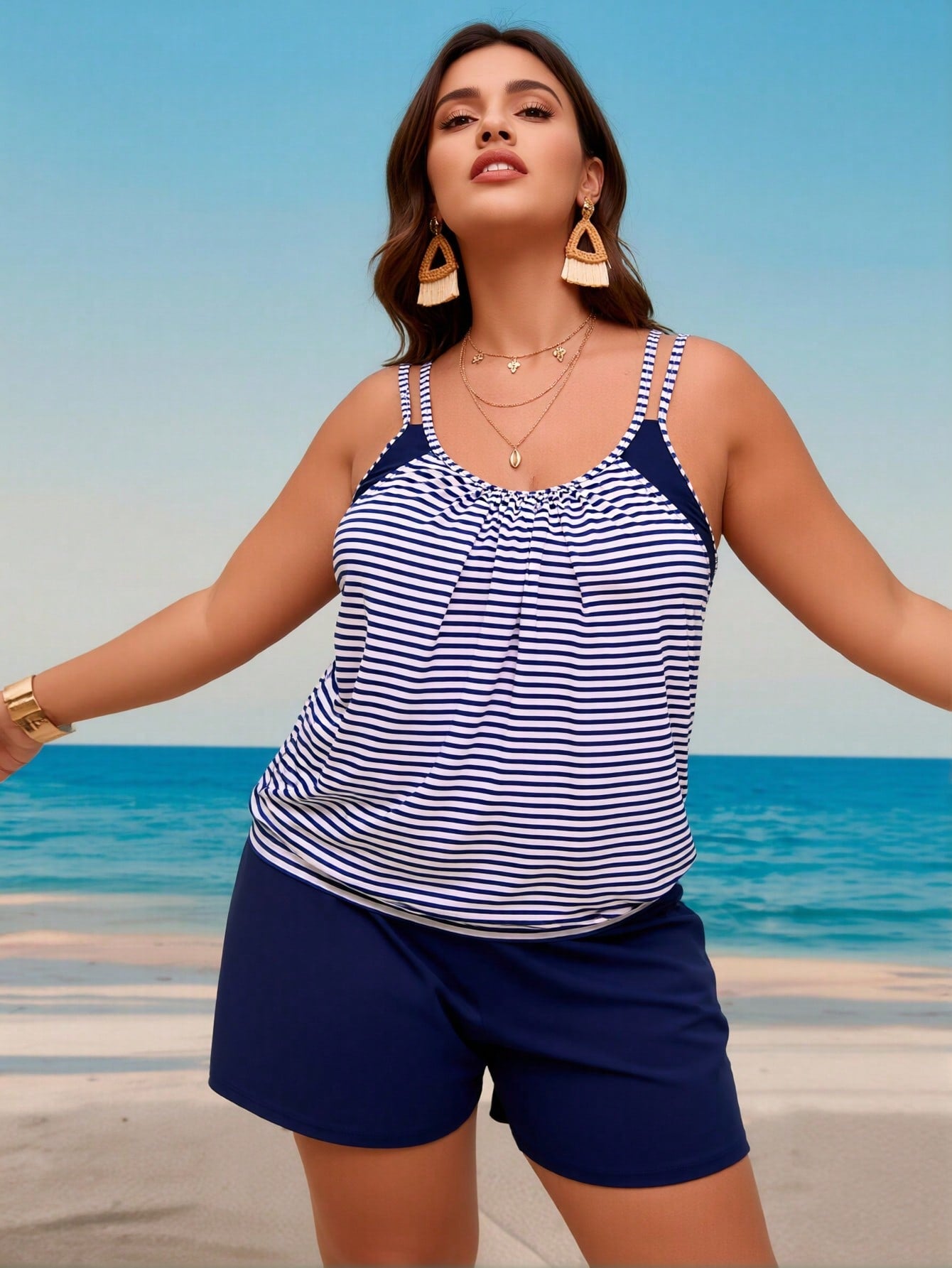 2026 New Summer Nautical Tankini Set - Ladies Double Stripe Shoulder Ruched Flowy Top & Shorts