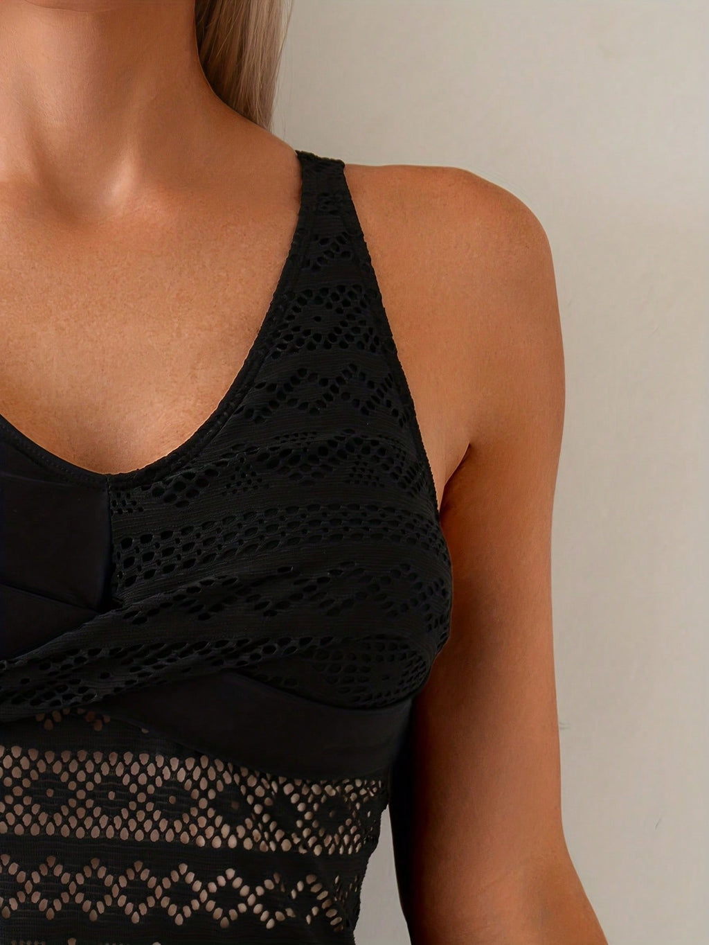 2026 New Women's Two Piece Tankini Set - Black Lace Mesh Overlay Top With Thong Bottoms