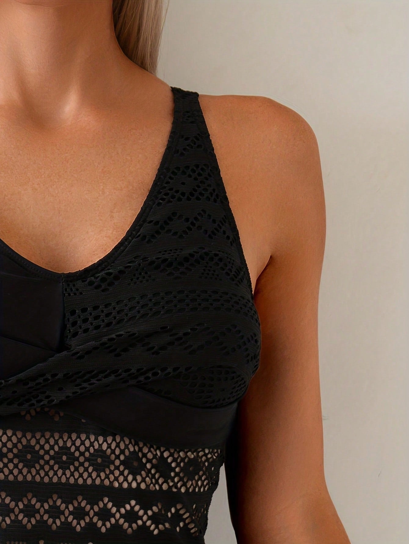 2026 New Women's Two Piece Tankini Set - Black Lace Mesh Overlay Top With Thong Bottoms