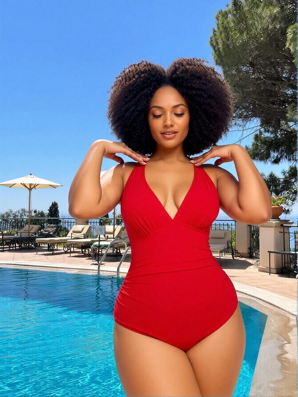 Red Halter V-Neck Ruched One Piece Swimsuit
