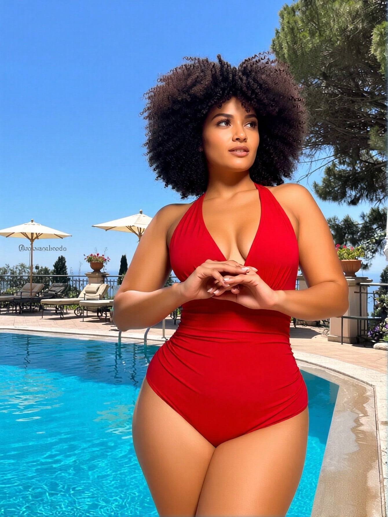 Red Halter V-Neck Ruched One Piece Swimsuit