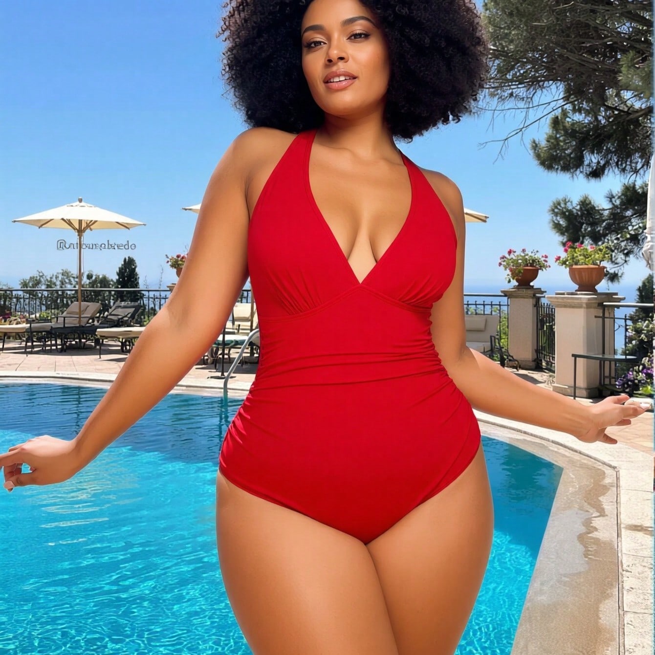 Red Halter V-Neck Ruched One Piece Swimsuit