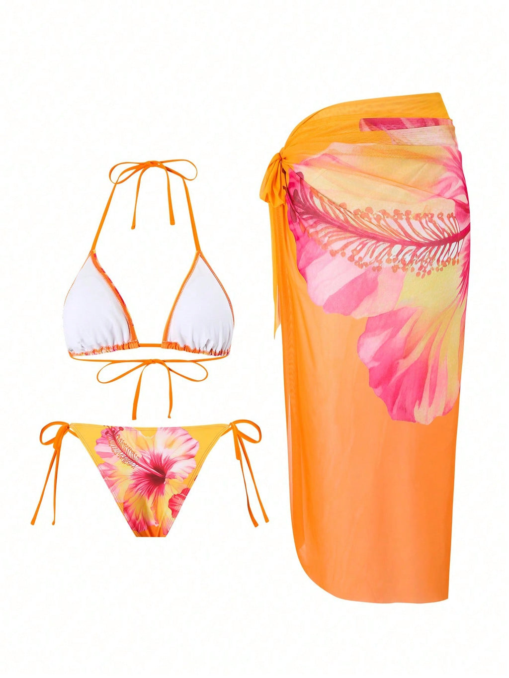 Orange Hibiscus Floral Print Triangle Bikini Set With Sheer Cover Up Skirt