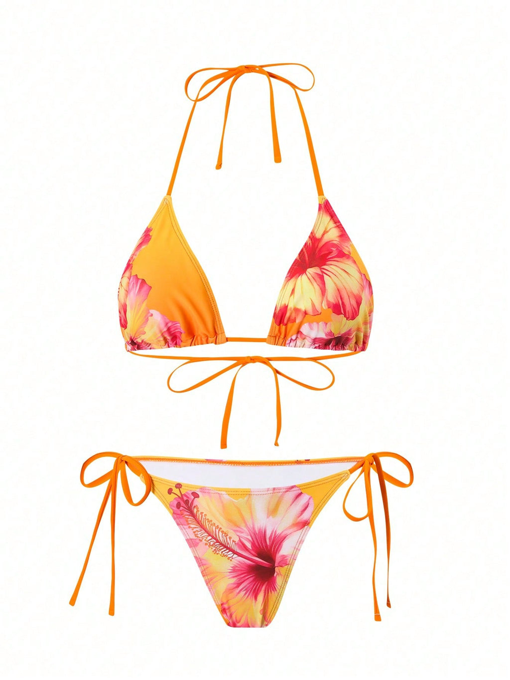 Orange Hibiscus Floral Print Triangle Bikini Set With Sheer Cover Up Skirt