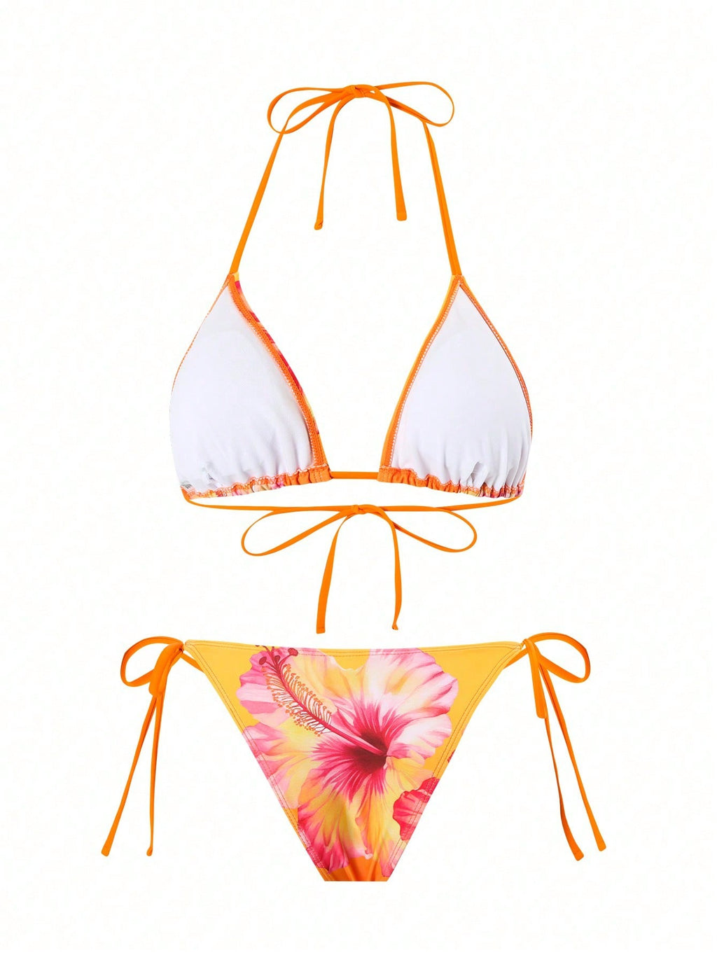 Orange Hibiscus Floral Print Triangle Bikini Set With Sheer Cover Up Skirt