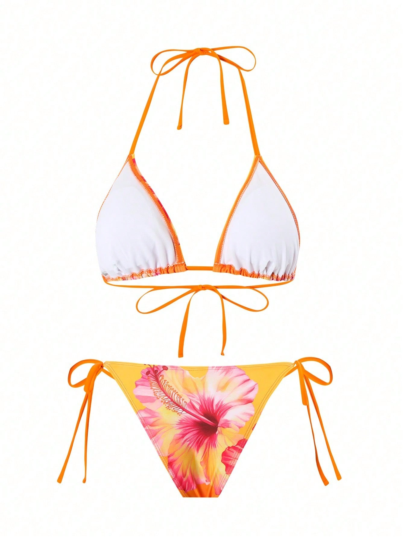 Orange Hibiscus Floral Print Triangle Bikini Set With Sheer Cover Up Skirt