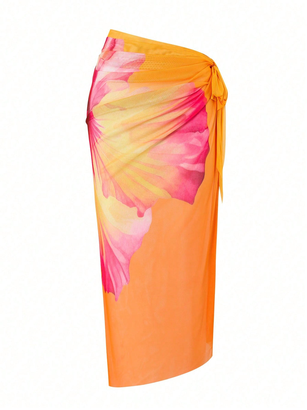 Orange Hibiscus Floral Print Triangle Bikini Set With Sheer Cover Up Skirt