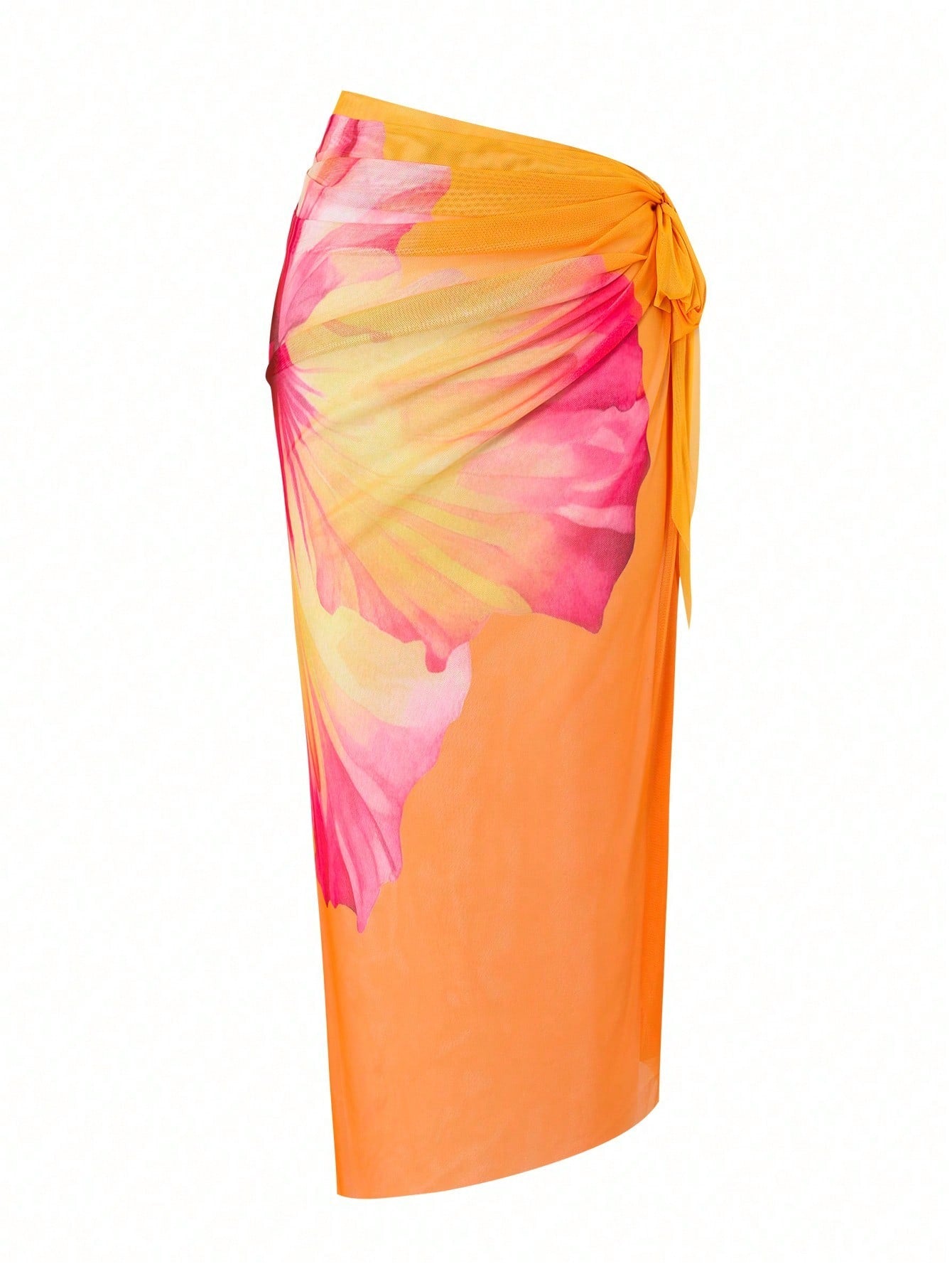 Orange Hibiscus Floral Print Triangle Bikini Set With Sheer Cover Up Skirt