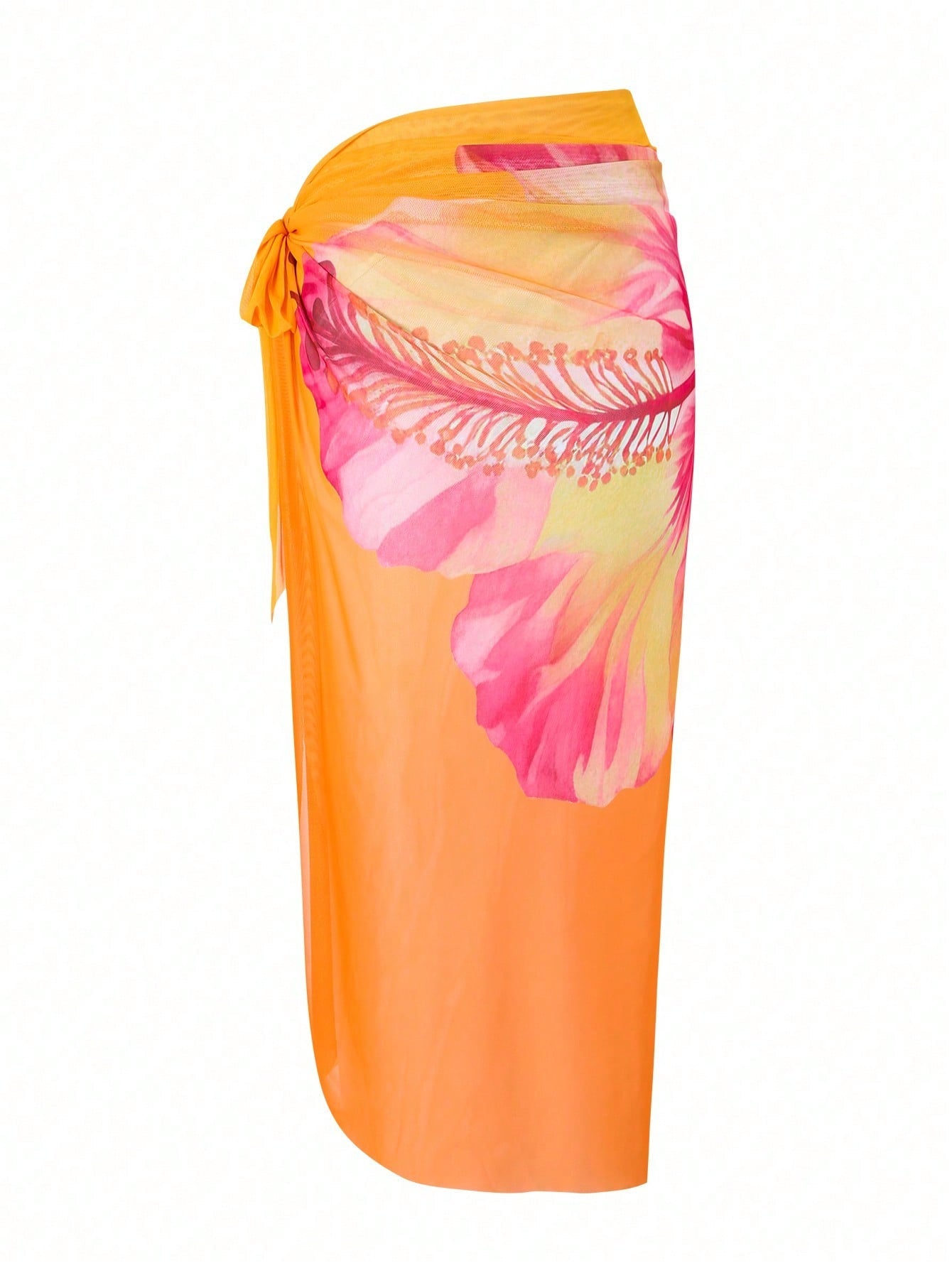 Orange Hibiscus Floral Print Triangle Bikini Set With Sheer Cover Up Skirt