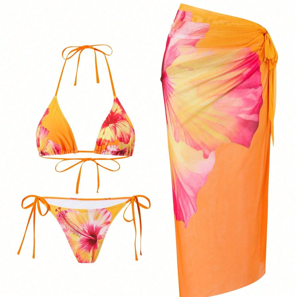 Orange Hibiscus Floral Print Triangle Bikini Set With Sheer Cover Up Skirt